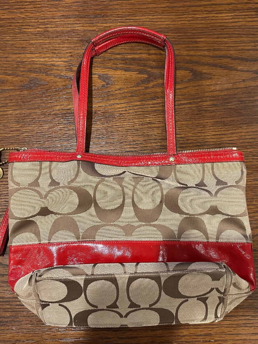 Coach Signature Canvas Tote Bag With Red Patent Leather Trim